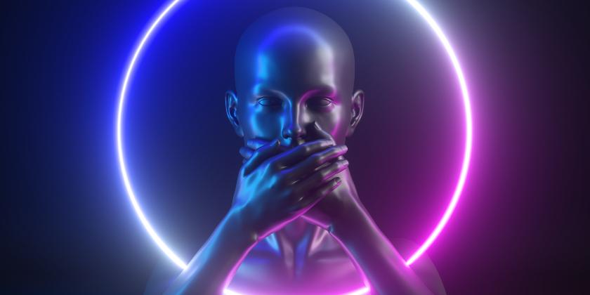 3D渲染，抽象背景，圓形門戶，粉藍霓虹燈